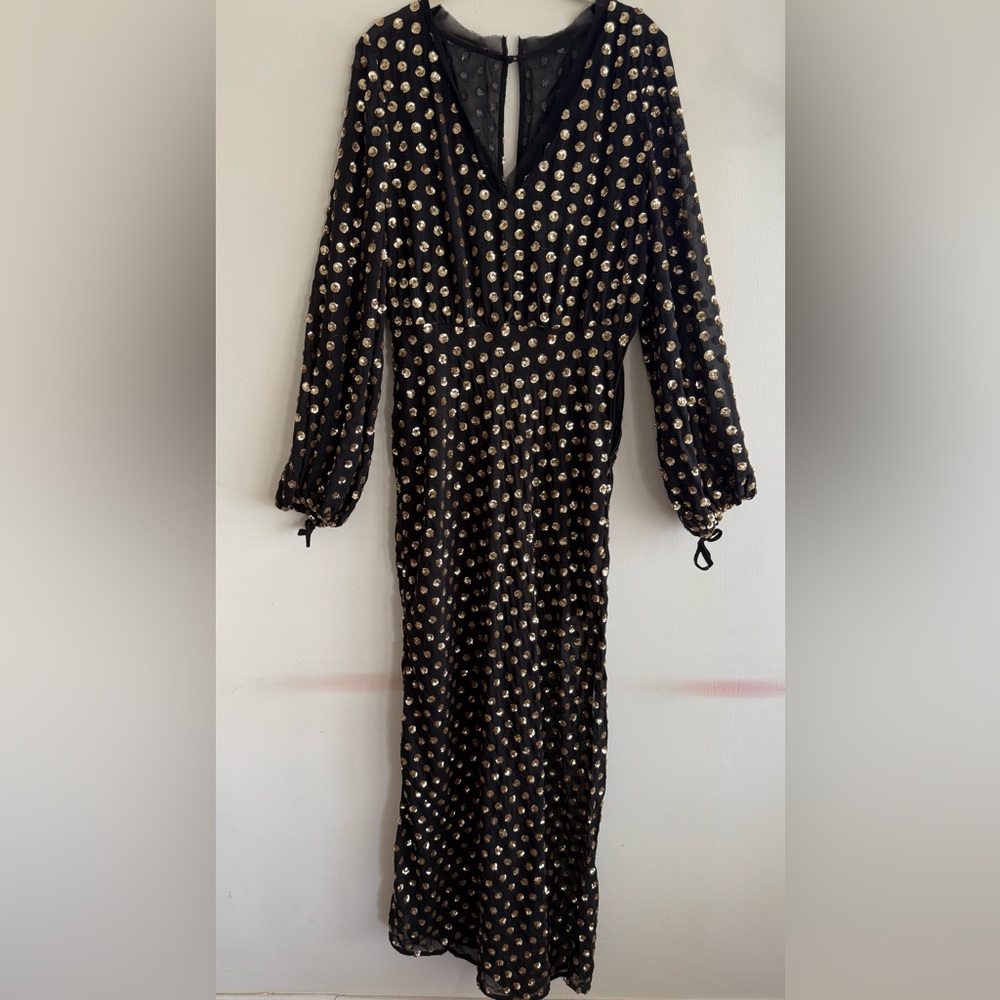 Finders Keepers Black and Gold Polka Dot Maxi Dress (NWOT)